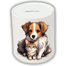 Kedi Köpek Sarılan Baskılı Kumbara - Seramik Para Biriktirme Kumbarası