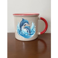 Yunuslar Baskılı Kırmızı Ağızlı Kupa Bardak Sevgiliye Hediye - Seramik Çay, Kahve Hediyelik Bardağı