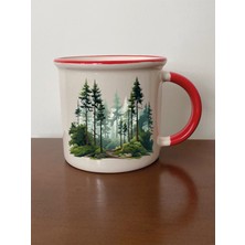 Ağaçlar Baskılı Kırmızı Ağızlı Kupa Bardak Sevgiliye Hediye - Seramik Çay, Kahve Hediyelik Bardağı