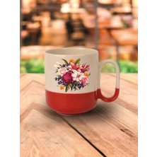Çiçekli Kırmızı Tabanlı Kupa Bardak Sevgiliye Hediye - Seramik Çay, Kahve Hediyelik Bardağı