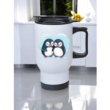 Kar Altında Penguenler Baskılı Kulplu Çelik Bardak Termos 450 ml