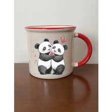 Kalpli Sevimli Panda Baskılı Ağzı Kırmızı Kupa Bardak Doğum Günü Hediyesi