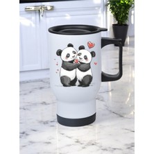 Kalpli Panda Baskılı Kulplu Çelik Bardak Termos 450 ml