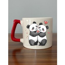 Kalpli Pandalar Baskılı Kırmızı Kulplu Kupa Bardak Doğum Günü Hediyesi - Çay Fincanı