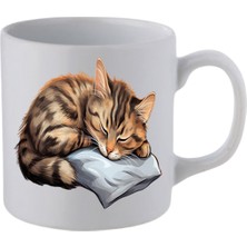 Uyuyan Kedi Baskılı Beyaz Kupa Bardak Sevgiliye Hediye - Seramik Çay, Kahve Hediyelik Bardağı