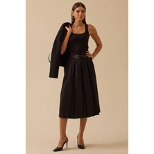 Seçil Kadın Kemerli Pile Detaylı Midi Etek 0003 Siyah