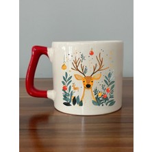 Sevimli Geyik Baskılı Kırmızı Kulplu Kupa Bardak Yılbaşı Yeni Yıl Hediyesi