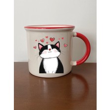 Kalpli Sevimli Kedi Baskılı Ağzı Kırmızı Kupa Bardak Doğum Günü Hediyesi