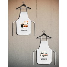 Kedi ve Karavan Baskılı Isme Özel 2'li Keten Mutfak Önlüğü