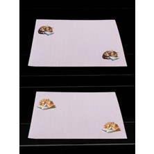 Uyuyan Kedi Baskılı Mutfak Masası 2'li Keten Servis Bezi 28X40 cm Amerikan Servis