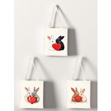 Tavşan ve Kalp Baskılı Bez Çanta 3'lü Omuz Çantası - Hediye Kadın Sevgiliye Hediye