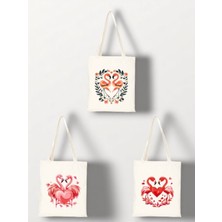 Flamengo ve Kalp Baskılı Bez Çanta 3'lü Omuz Çantası - Kadın Çanta