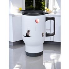 Kediler ve Balon Baskılı Kulplu Çelik Bardak Termos 450 ml