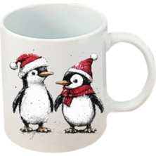 Yılbaşındaki Penguenler Baskılı Beyaz Kupa Bardak Yılbaşı Yeni Yıl Hediyesi