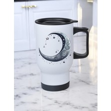 Gri Ay Yıldız Baskılı Kulplu Çelik Bardak Termos 450 ml