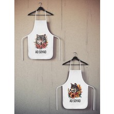 Çiçekli Kurt Baskılı Isme Özel 2'li Keten Mutfak Önlüğü