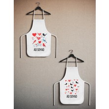 Kalp ve Kuş Baskılı Isme Özel 2'li Keten Mutfak Önlüğü