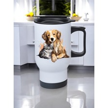 Kedi Köpek Dostluğu Baskılı Kulplu Çelik Bardak Termos 450 ml
