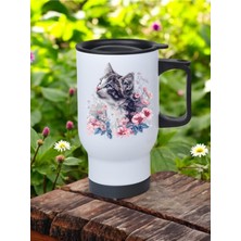 Çiçekler Içinde Kedi Baskılı Kulplu Çelik Bardak Termos 450 ml