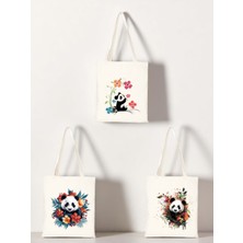Çiçek ve Panda Baskılı Bez Çanta 3'lü Omuz Çantası - Büyük Bez Çanta