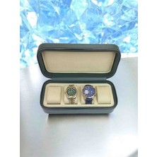 Deri 4 Lü Saat Çantası Kutusu Fermuarlı Ahşap Kasalı (Haki)