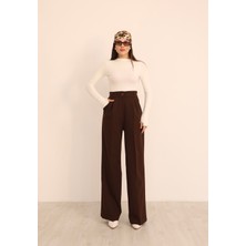 Hazel Kadın Kahverengi Palazzo Pantolon Arkası Lastikli Klasik Model Düz Desenli