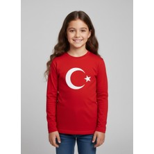 Çoçuk Kız-Erkek Ay Yıldızlı Türk Bayraklı  Uzun Kollu Kırmızı- Beyaz T-Shirt