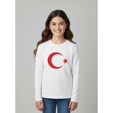 Çoçuk Kız-Erkek Ay Yıldızlı Türk Bayraklı  Uzun Kollu Kırmızı- Beyaz T-Shirt
