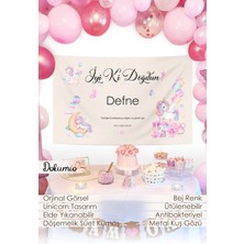 Dokumio Unicorn Temalı Kişiye Özel Kumaş Doğum Günü Birthday Iyi Ki Doğdun Duvar Örtüsü Panosu Flaması