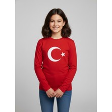 Çoçuk Kız-Erkek Ay Yıldızlı Türk Bayraklı  Uzun Kollu Kırmızı- Beyaz T-Shirt