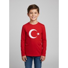 Çoçuk Erkek-Kız  Ay Yıldızlı Türk Bayraklı Uzun Kollu Kırmızı-Beyaz T-Shirt