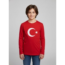 Çoçuk Erkek-Kız  Ay Yıldızlı Türk Bayraklı Uzun Kollu Kırmızı-Beyaz T-Shirt