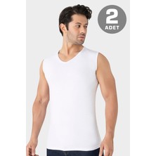 2'li Paket Erkek Beyaz V Yaka Kolsuz Tişört Atlet Pamuklu Likralı Esnek ve Yumuşak Kumaş