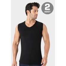 2'li Paket Erkek Siyah V Yaka Kolsuz Tişört Atlet Pamuklu Likralı Esnek ve Yumuşak Kumaş