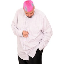 ModeXL Mode Xl Bej Çizgili Keten Gömlek 6XL Uzun Kol Erkek Günlük Stil Battal Beden