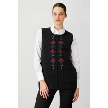 Desen Triko Kadın Sıfır Yaka Önü Nakış Işlemeli Yün Yelek 25001 Siyah