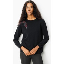 Desen Triko Kadın Sıfır Yaka Omzu Işlemeli Yün Kazak 25204 Siyah