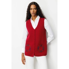 Desen Triko Kadın V Yaka Cebi Tığlamalı Yün Yelek 25020 Vişne Çürüğü