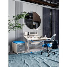 Creo Mobili Modern Tasarımlı Üniversiteli Çalışma Masası + Sandalye + Keson - Ekru/Mavi - Vega Delüx