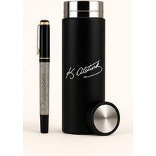 Öğretmenler Günü Seti - Kabartmalı Atatürk Imzalı Kalem - Süzgeç Kapak 500 ml Siyah Termos