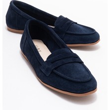 Luvi F02 Lacivert Süet Hakiki Deri Kadın Loafer Ayakkabı