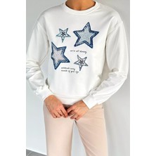 Kadın Bisiklet Yaka Baskılı Taş Işlemeli Sweatshirt P-00018552