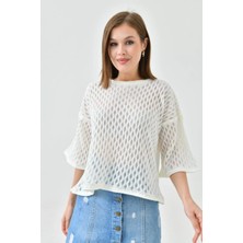 Kadın Kazak Bisiklet Yaka Kısa Kollu Delikli Desenli Kadın Kazak Kemik - 10720