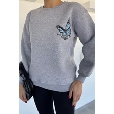 Kadın Ön ve Sırt Kelebek Baskılı Üç Iplik Şardonlu Bisiklet Yaka Sweatshirt P-00018482