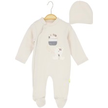 Ayı Nakışlı Şapkalı Penye Patikli Tulum - Krem - 6 - 9 Ay - HYT1245-KREM-6 - 9 Ay Krem