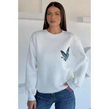Kadın Ön ve Sırt Kelebek Baskılı Üç Iplik Şardonlu Bisiklet Yaka Sweatshirt P-00018482