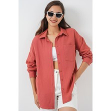 Kadın Tek Cepli Oversize Müslin Gömlek 20353 - Somon