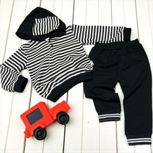 Kapüşonlu Çizgili Alt Üst Takım - Siyah - 4 Yaş Siyah