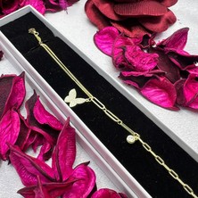 Victoria Kelebek Figürlü Kadın Bileklik 925 Ayar Gümüş Altın Kaplama Zirkon Taşlı Zarif Tasarım