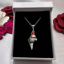 Victoria Filistin Haritası ve Kubbetüs Sahra Figürlü Kadın Kolye 925 Ayar Gümüş Mine Işlemeli